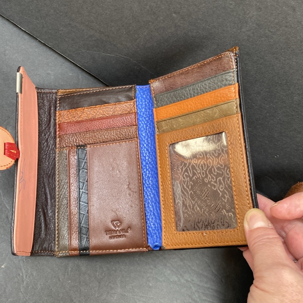 patchwork leather trifold wallet pen mark callout otherwise perfect condition - Picture 3 of 15